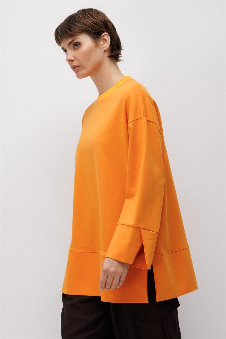 Örme Kol ve Yırtmaç Detaylı Tunik Sweatshirt-Oranj