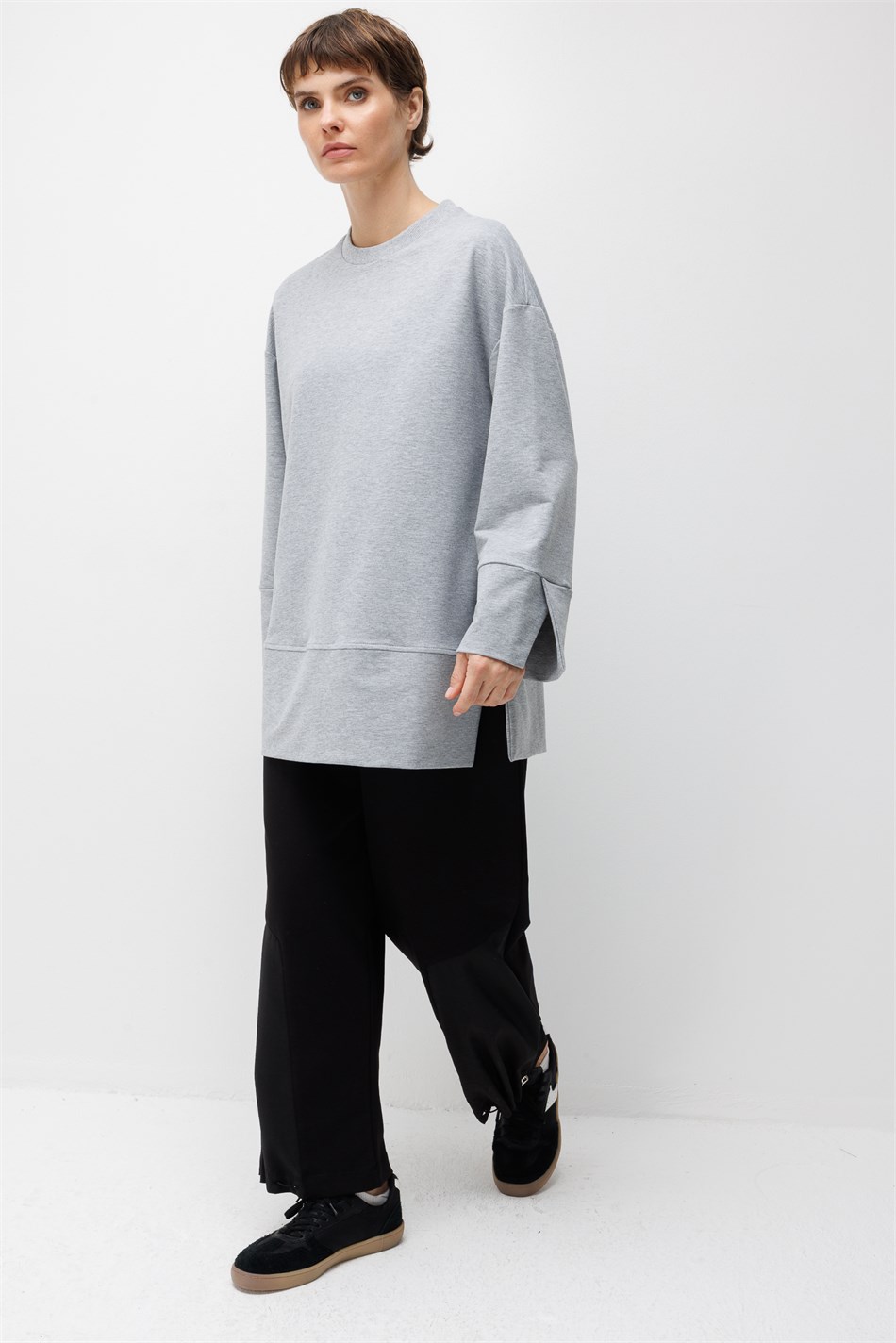 Örme Kol ve Yırtmaç Detaylı Tunik Sweatshirt-MELANJ