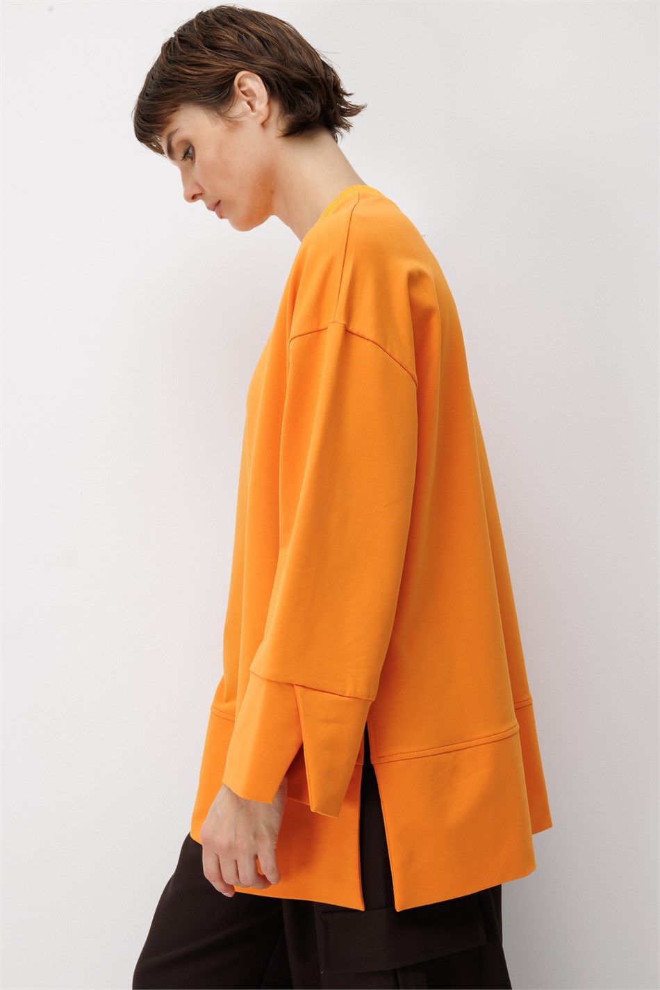 Örme Kol ve Yırtmaç Detaylı Tunik Sweatshirt-Oranj