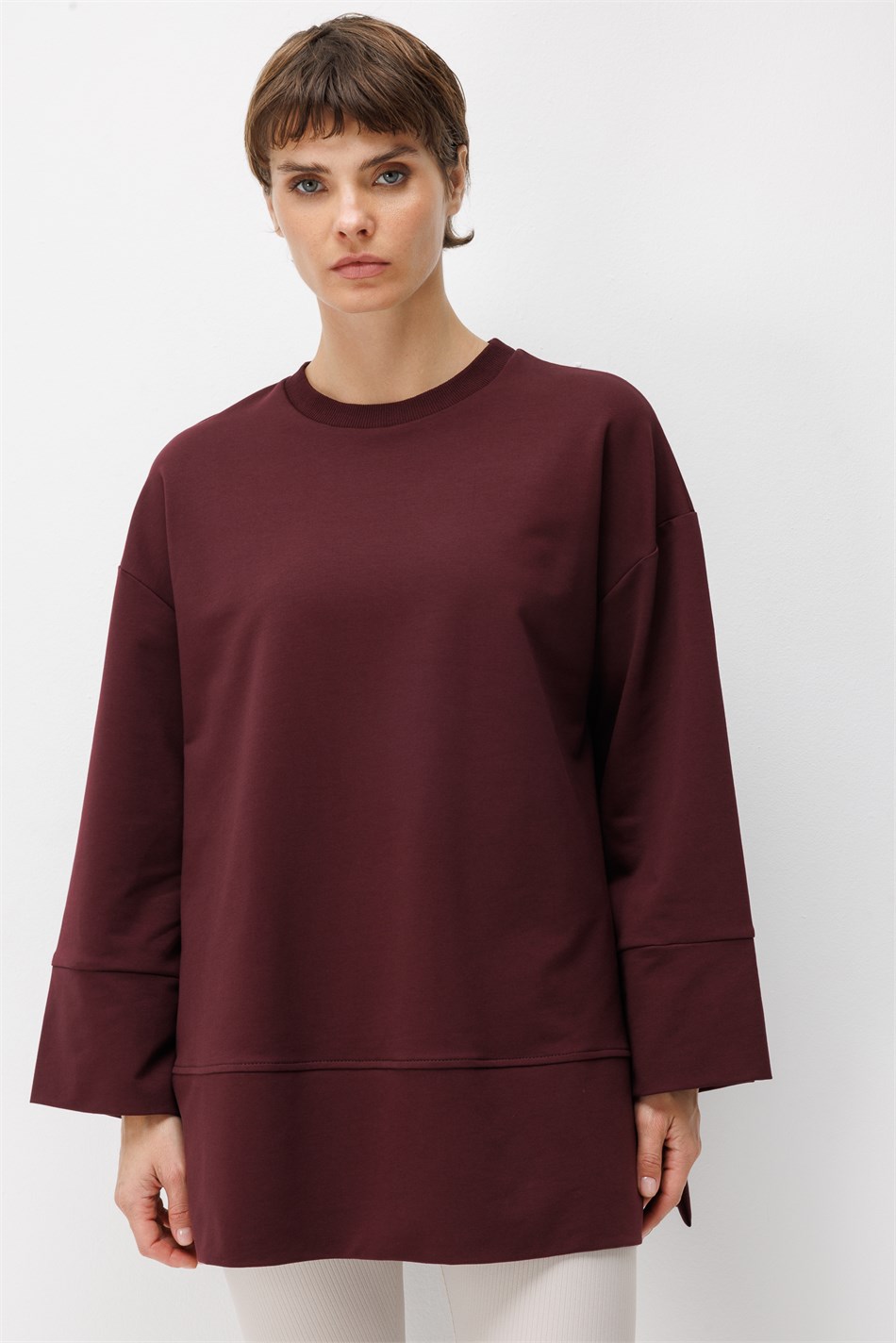 Örme Kol ve Yırtmaç Detaylı Tunik Sweatshirt-Bordo