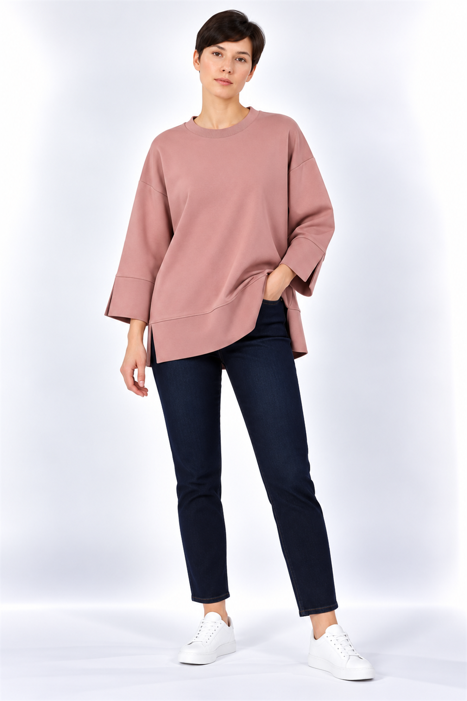 Örme Kol ve Yırtmaç Detaylı Tunik Sweatshirt-Gül