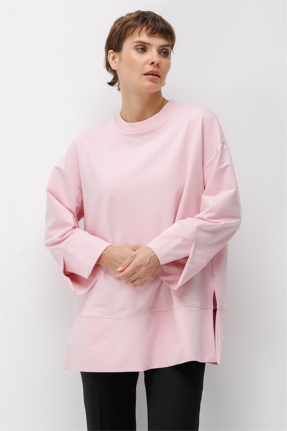 Örme Kol ve Yırtmaç Detaylı Tunik Sweatshirt-Pembe