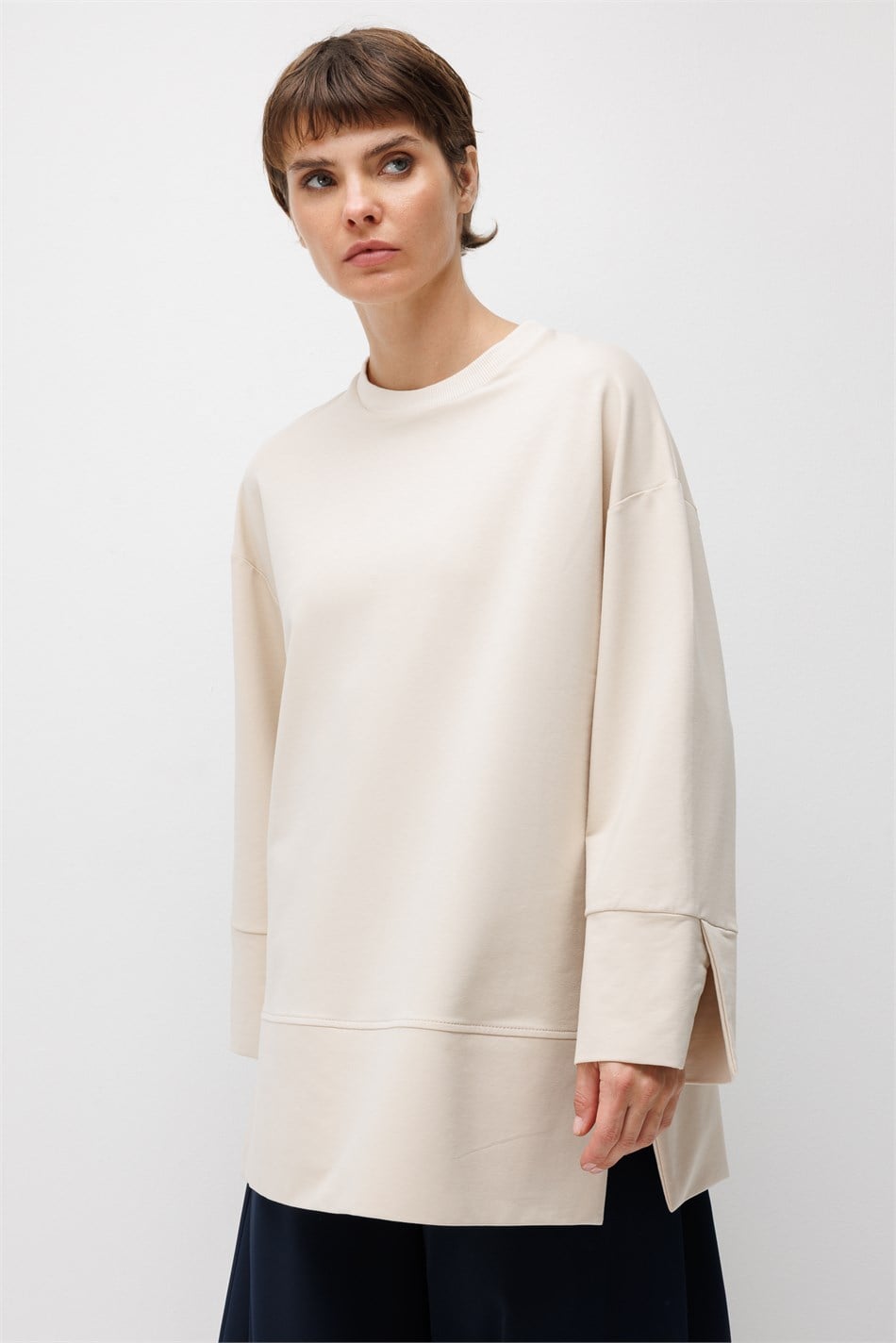 Örme Kol ve Yırtmaç Detaylı Tunik Sweatshirt-Taş