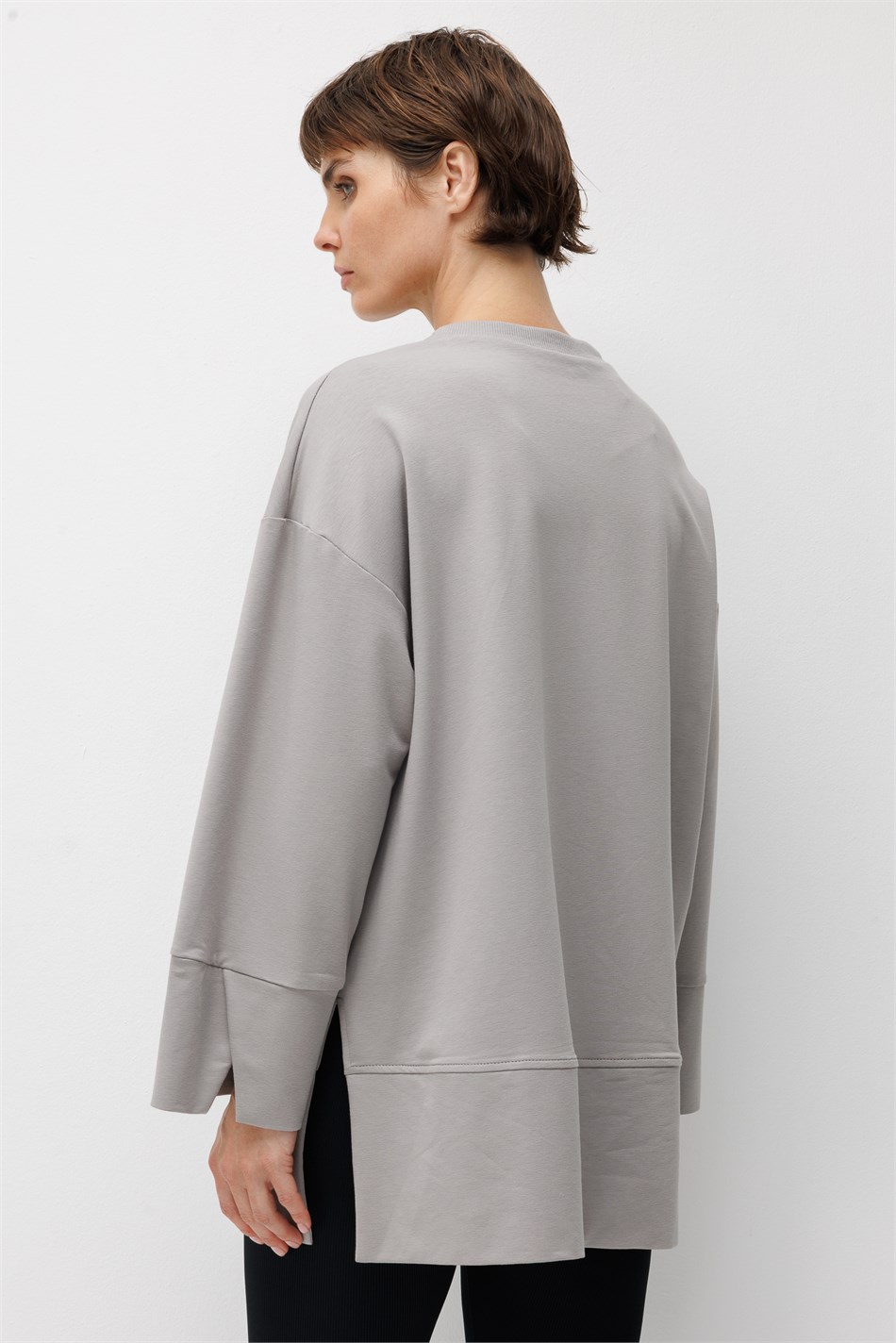 Örme Kol ve Yırtmaç Detaylı Tunik Sweatshirt-Gri