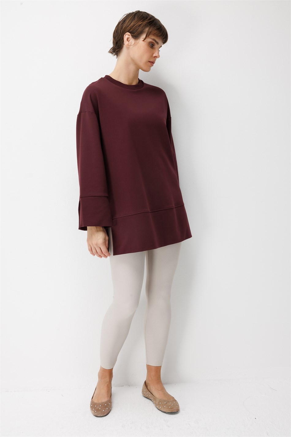 Örme Kol ve Yırtmaç Detaylı Tunik Sweatshirt-Bordo