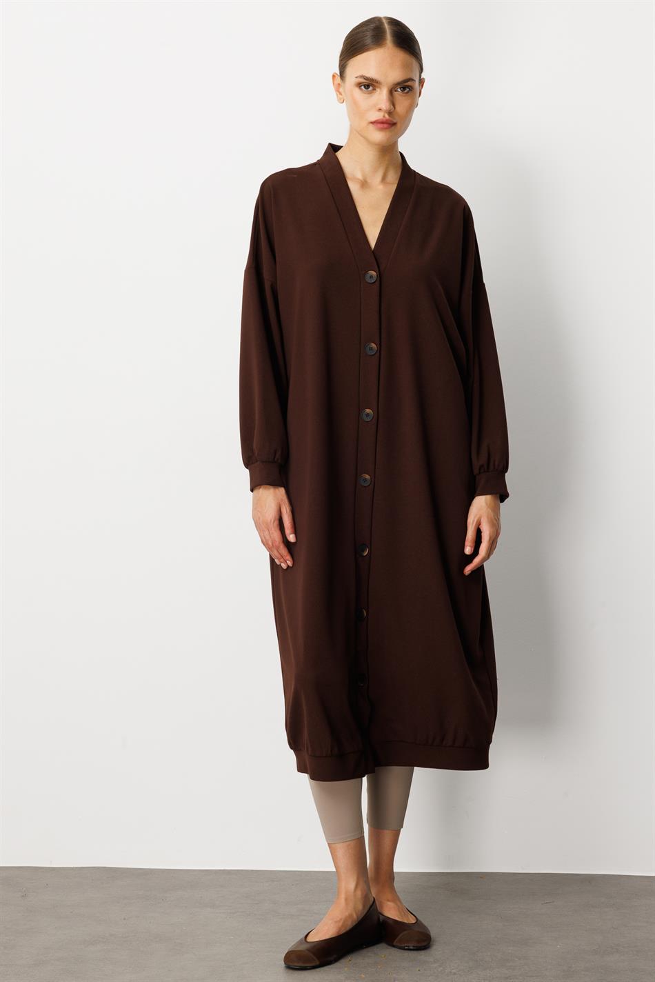 Gebreide crêpestof, sportieve tijdloze stijl (vest/jas) abaya - bruin