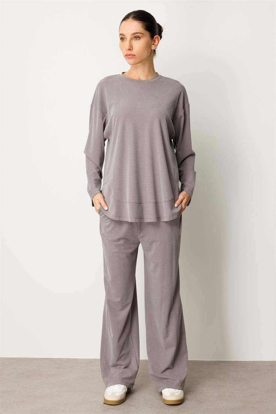 Örme Soft Modal Özel Dikilş Detaylı Pantolonu Tunik Kombin Takım-Gri