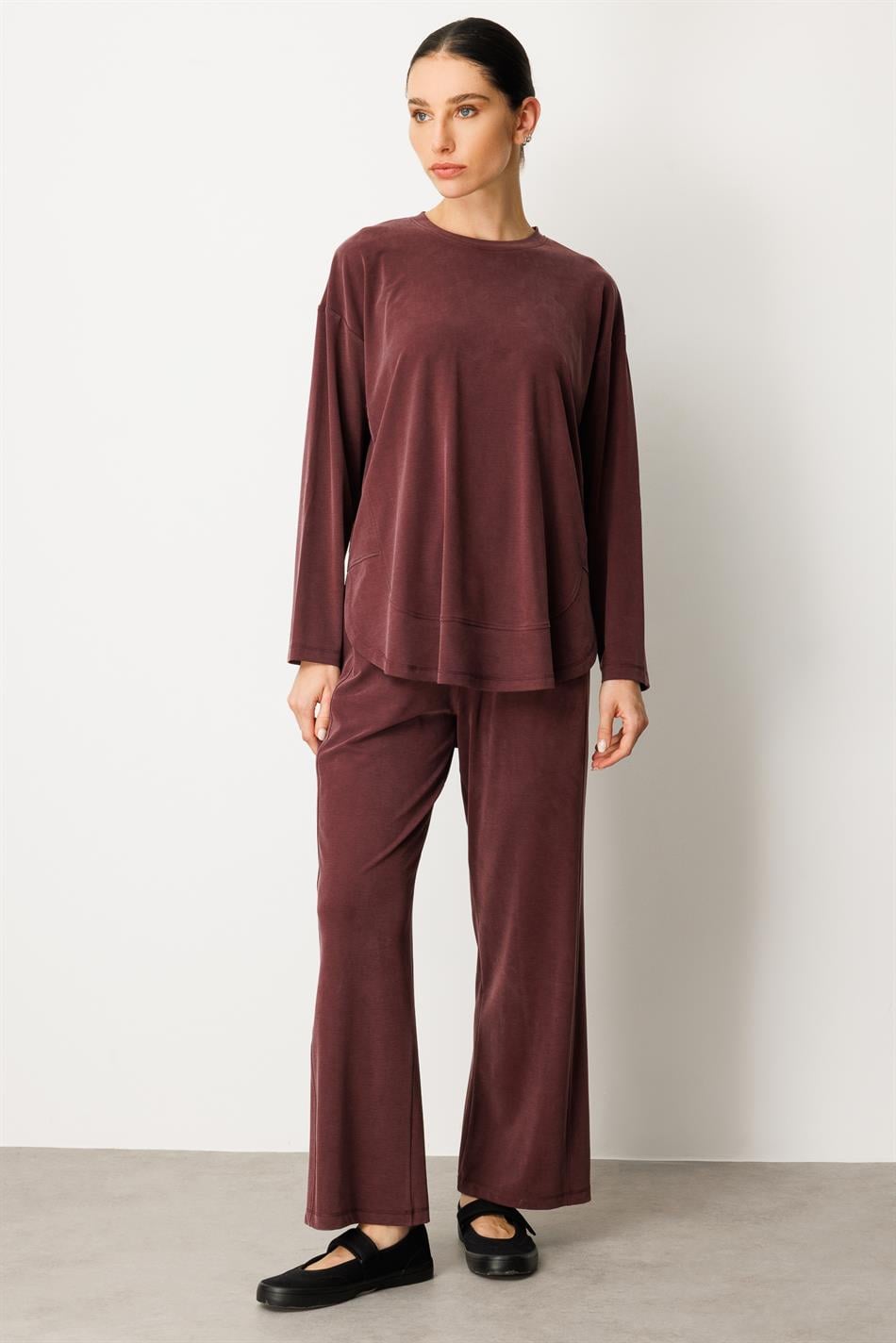 Örme Soft Modal Özel Dikilş Detaylı Pantolonu Tunik Kombin Takım-Bordo