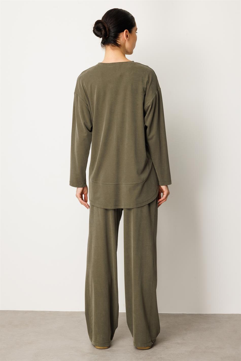 Örme Soft Modal Özel Dikilş Detaylı Pantolonu Tunik Kombin Takım-Haki