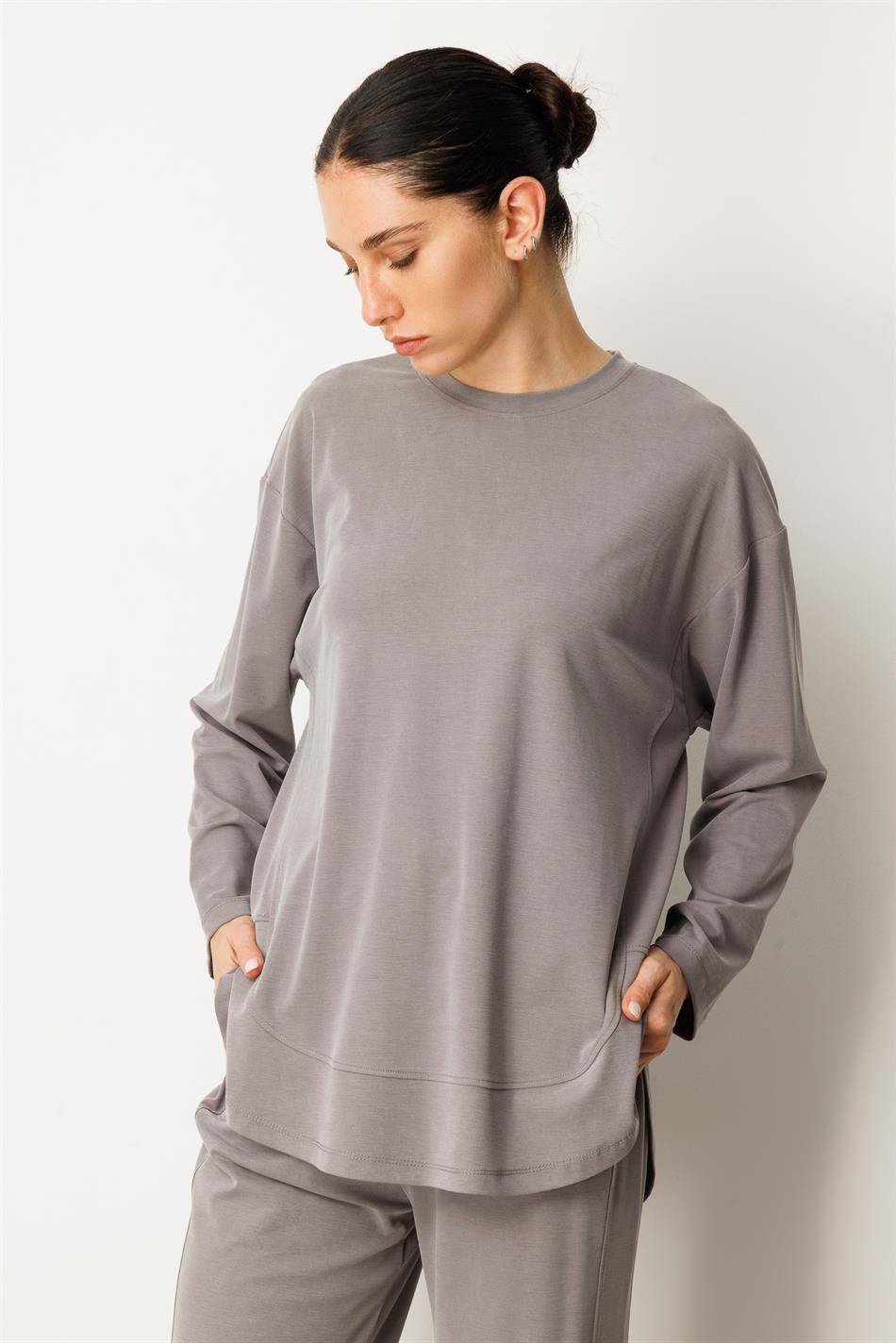 Örme Soft Modal Özel Dikilş Detaylı Pantolonu Tunik Kombin Takım-Gri