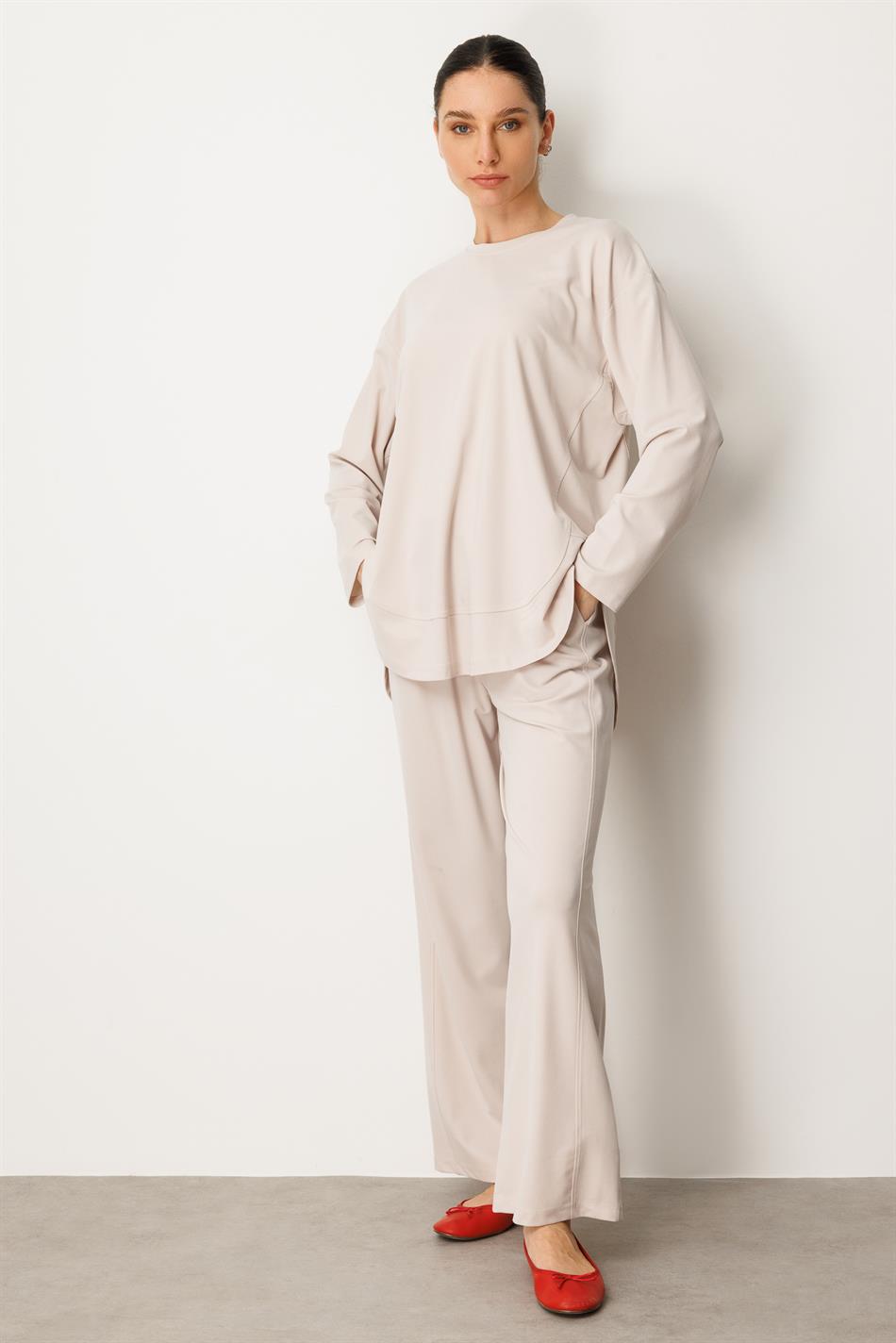 Örme Soft Modal Özel Dikilş Detaylı Pantolonu Tunik Kombin Takım-Taş