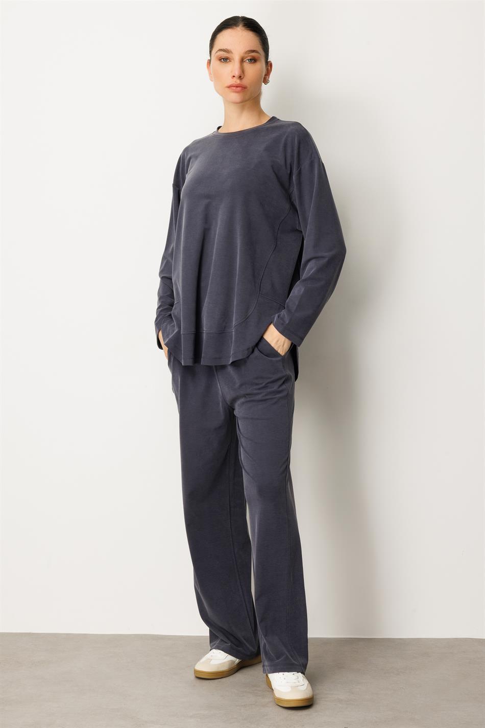 Örme Soft Modal Özel Dikilş Detaylı Pantolonu Tunik Kombin Takım-Laci