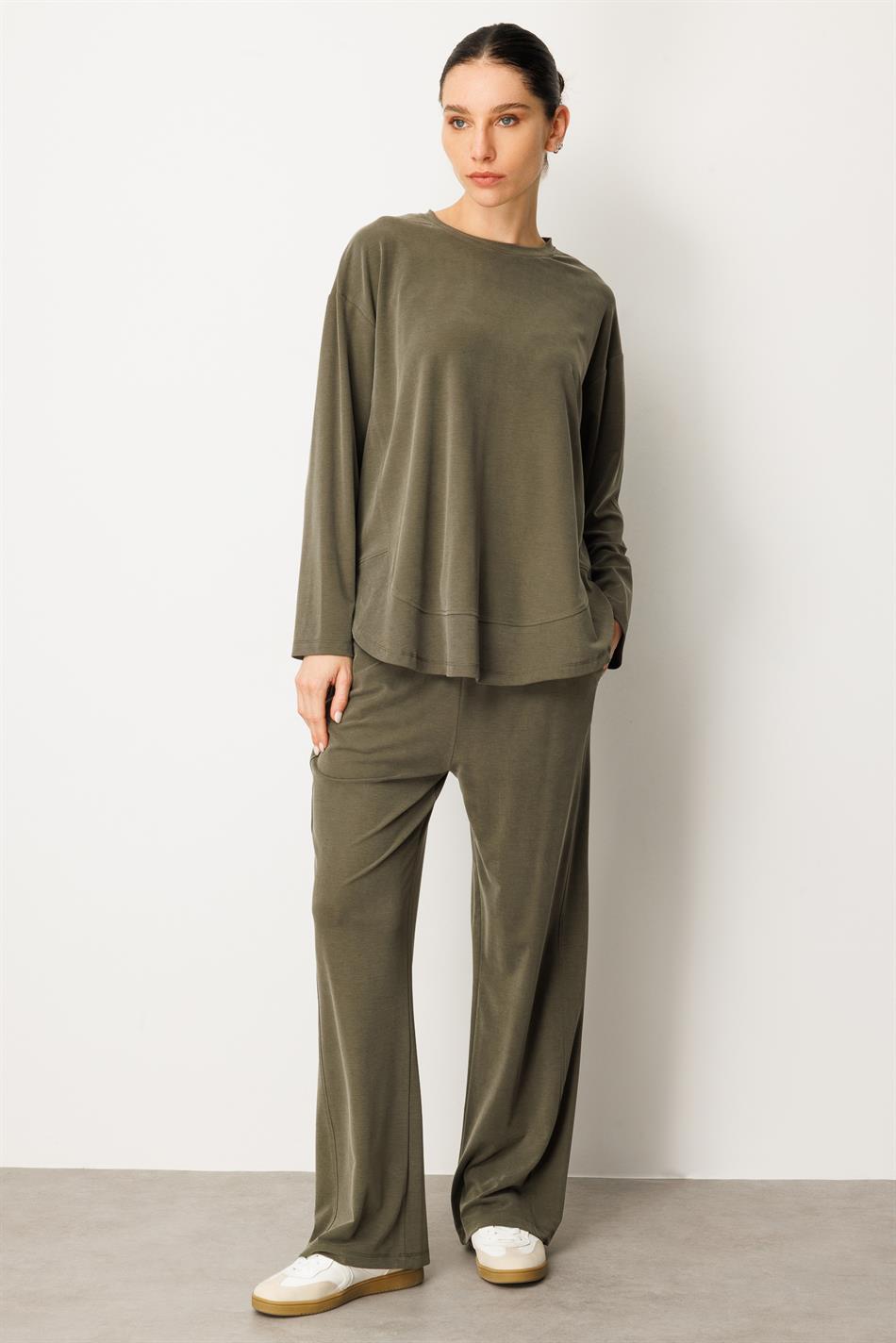 Örme Soft Modal Özel Dikilş Detaylı Pantolonu Tunik Kombin Takım-Haki