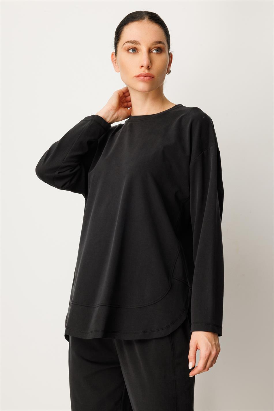 Örme Soft Modal Özel Dikilş Detaylı Pantolonu Tunik Kombin Takım-Siyah