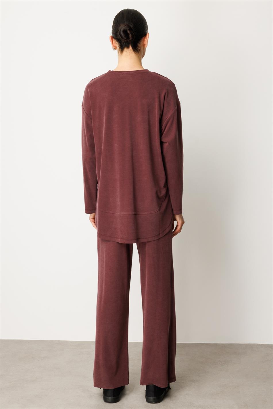Örme Soft Modal Özel Dikilş Detaylı Pantolonu Tunik Kombin Takım-Bordo