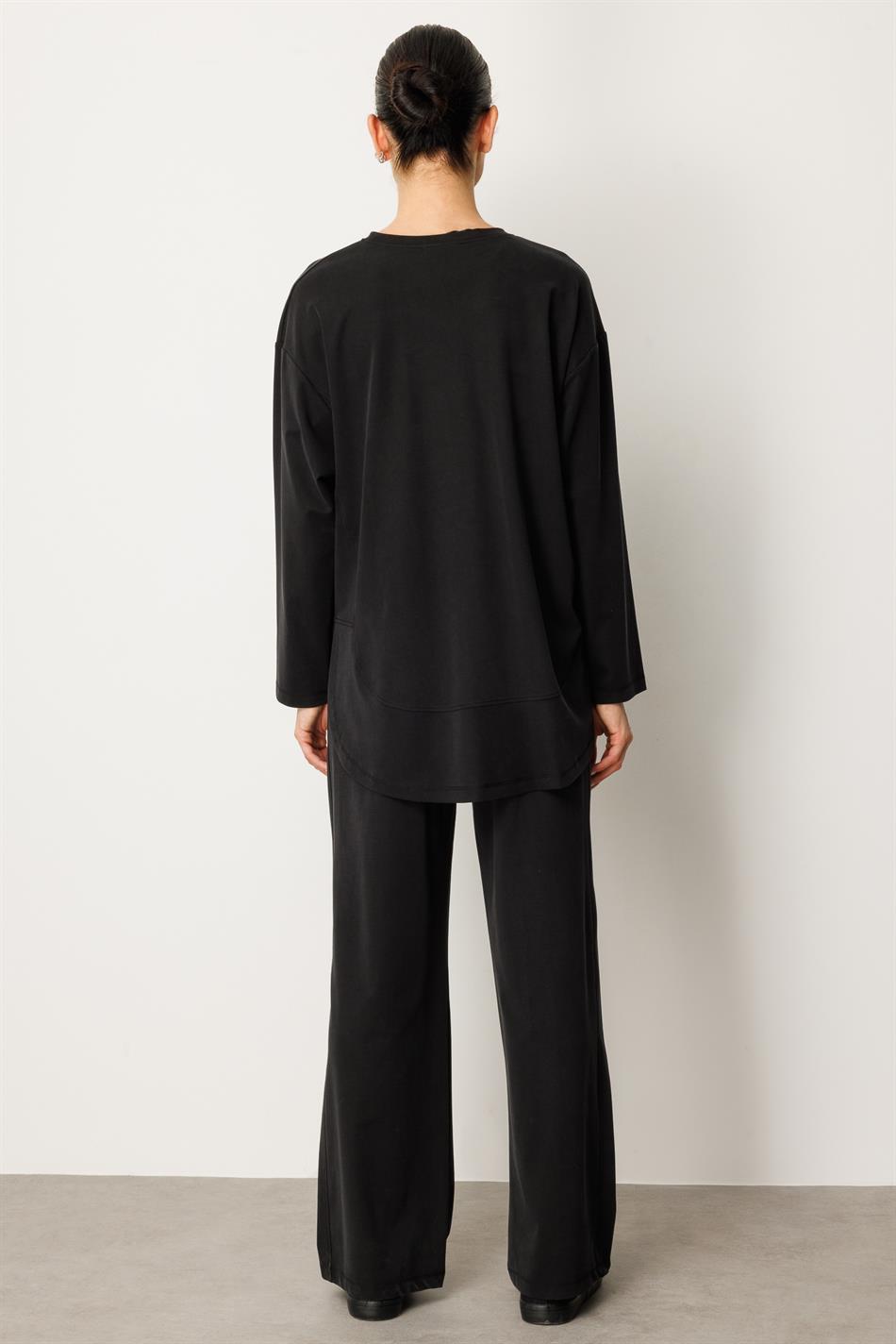 Örme Soft Modal Özel Dikilş Detaylı Pantolonu Tunik Kombin Takım-Siyah