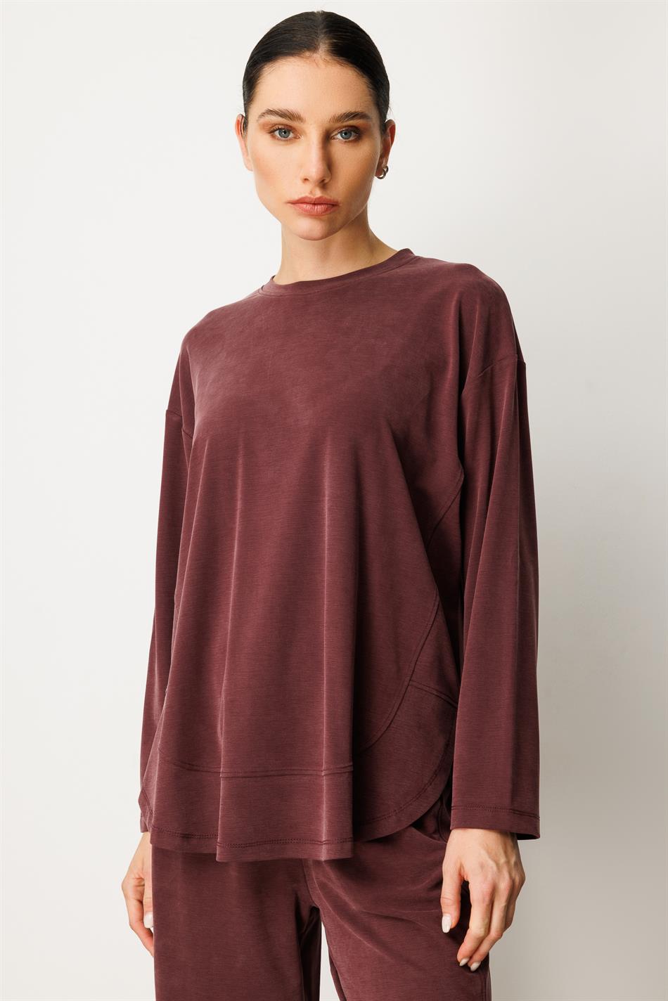 Örme Soft Modal Özel Dikilş Detaylı Pantolonu Tunik Kombin Takım-Bordo