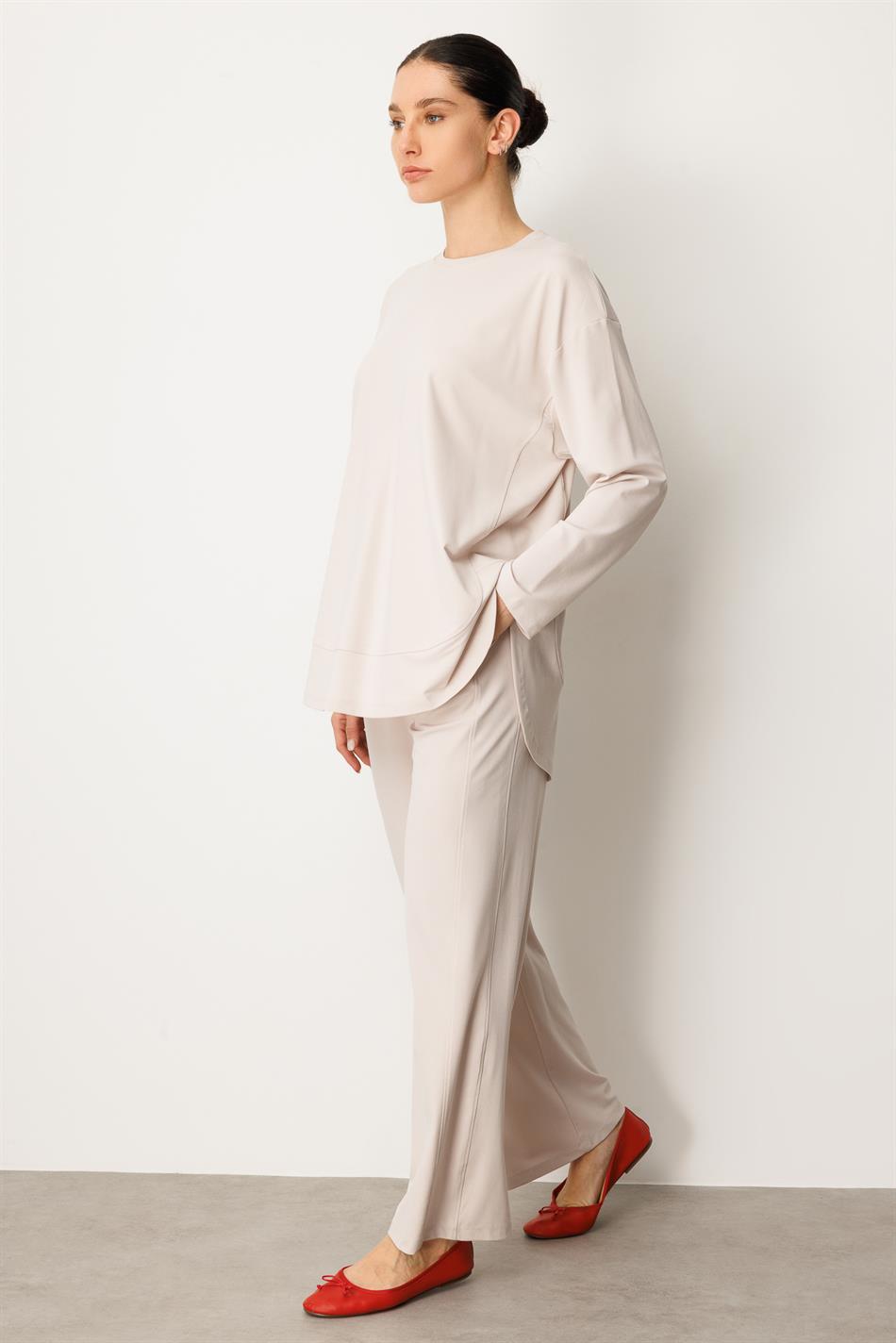 Örme Soft Modal Özel Dikilş Detaylı Pantolonu Tunik Kombin Takım-Taş