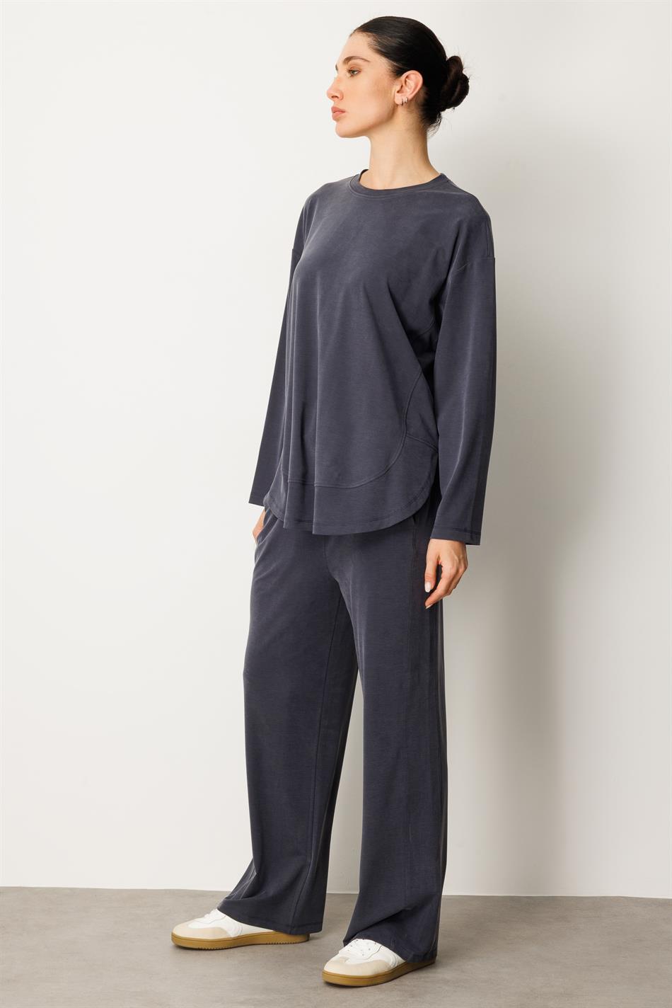 Örme Soft Modal Özel Dikilş Detaylı Pantolonu Tunik Kombin Takım-Laci