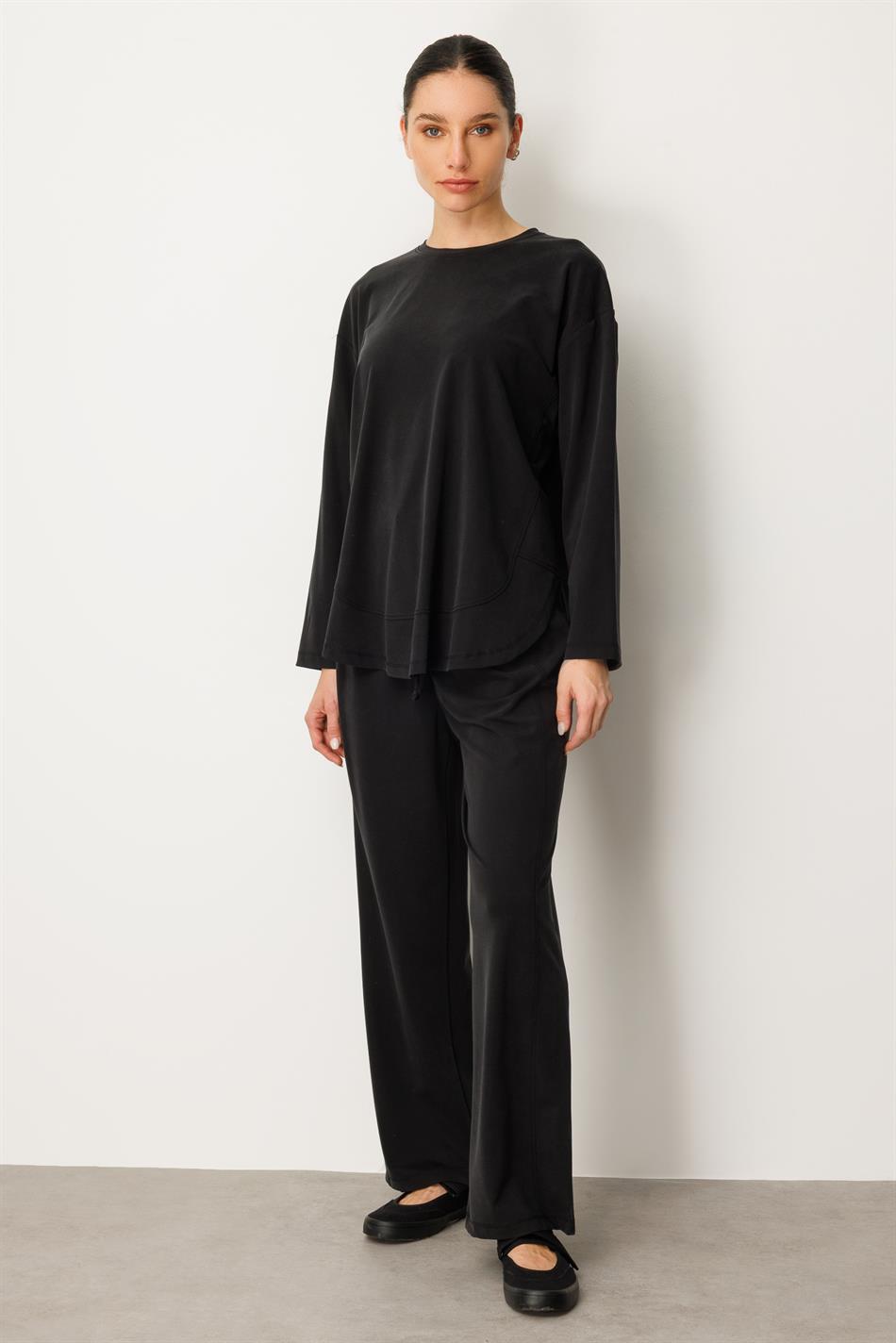 Örme Soft Modal Özel Dikilş Detaylı Pantolonu Tunik Kombin Takım-Siyah