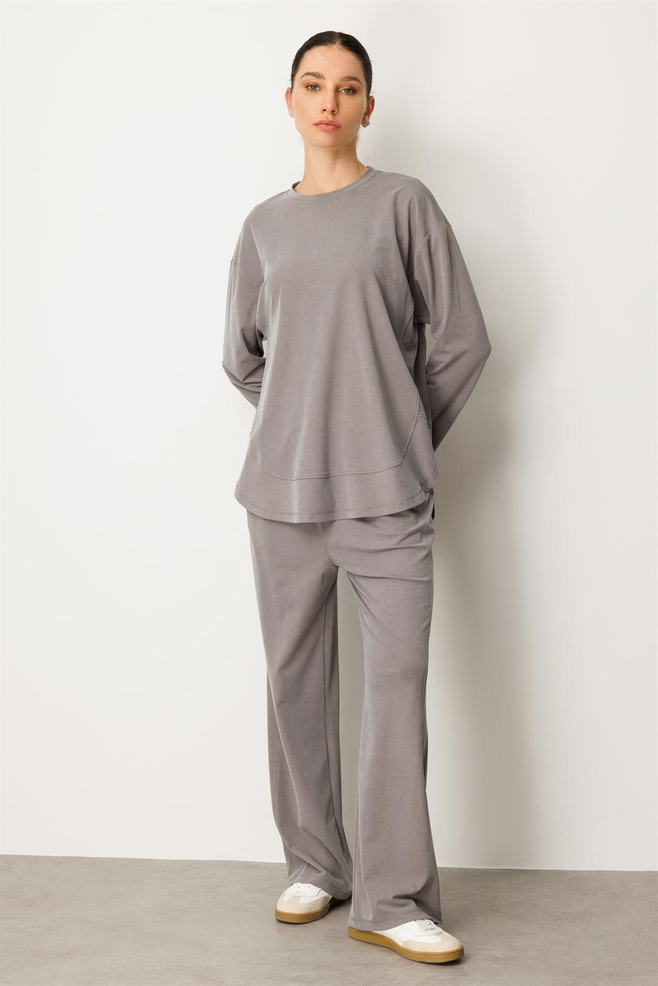 Örme Soft Modal Özel Dikilş Detaylı Pantolonu Tunik Kombin Takım-Gri