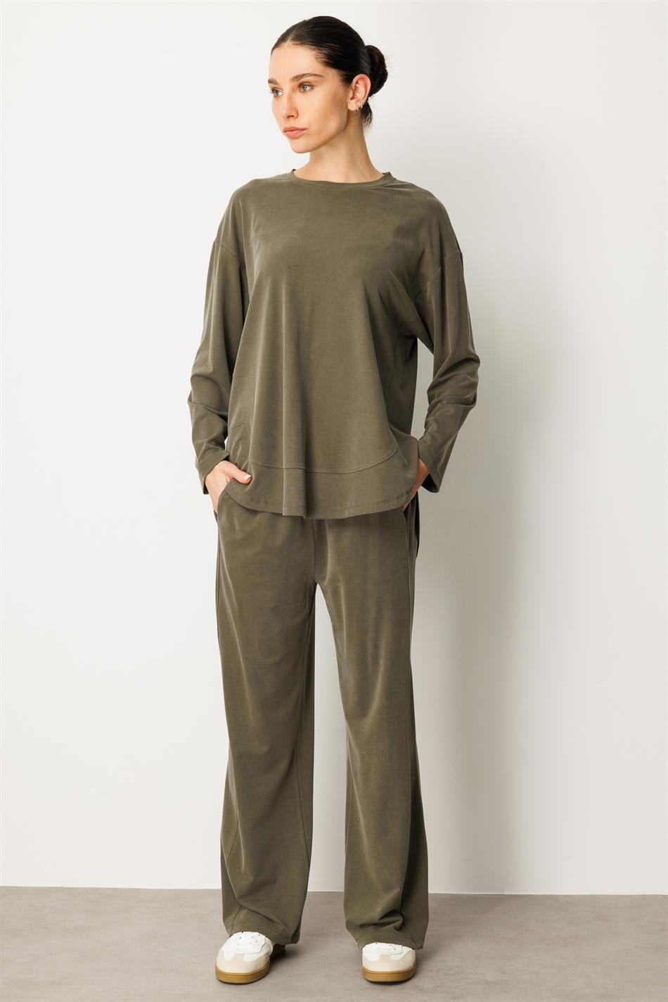 Örme Soft Modal Özel Dikilş Detaylı Pantolonu Tunik Kombin Takım-Haki