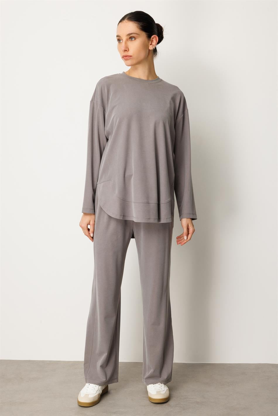 Örme Soft Modal Özel Dikilş Detaylı Pantolonu Tunik Kombin Takım-Gri