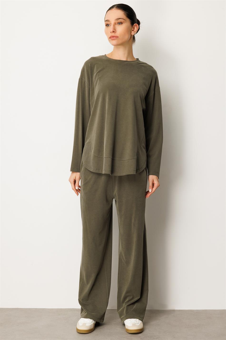Örme Soft Modal Özel Dikilş Detaylı Pantolonu Tunik Kombin Takım-Haki