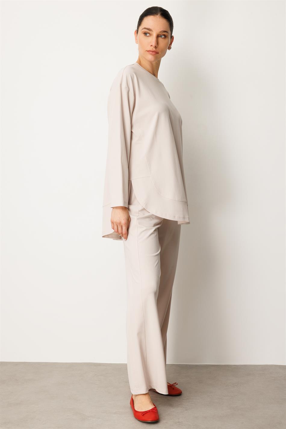 Örme Soft Modal Özel Dikilş Detaylı Pantolonu Tunik Kombin Takım-Taş