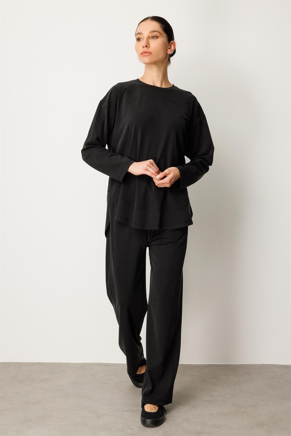 Örme Soft Modal Özel Dikilş Detaylı Pantolonu Tunik Kombin Takım-Siyah