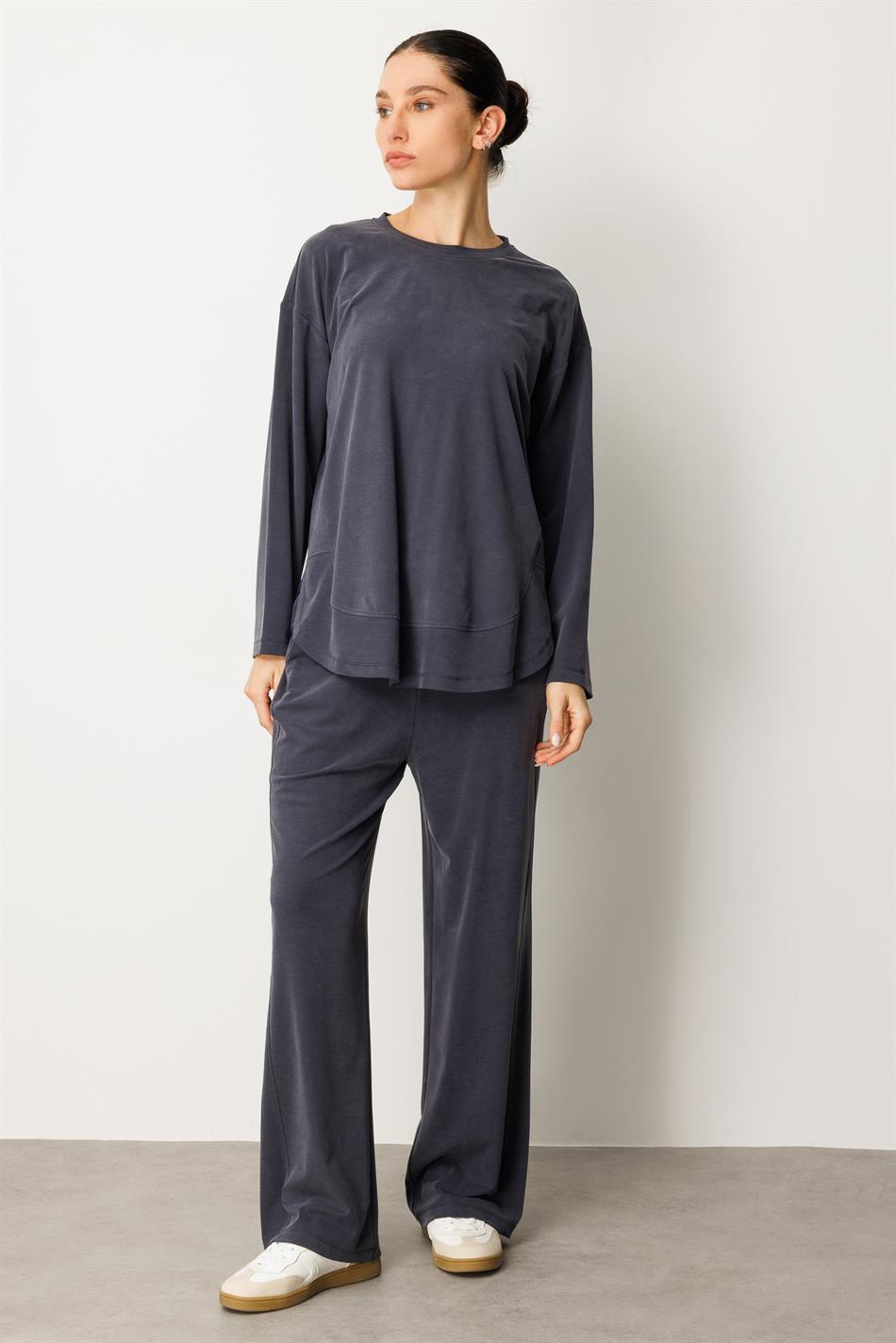 Örme Soft Modal Özel Dikilş Detaylı Pantolonu Tunik Kombin Takım-Laci