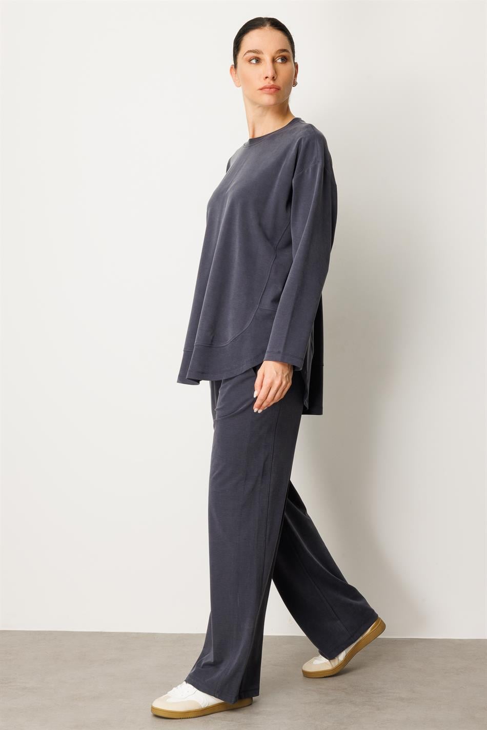 Örme Soft Modal Özel Dikilş Detaylı Pantolonu Tunik Kombin Takım-Laci
