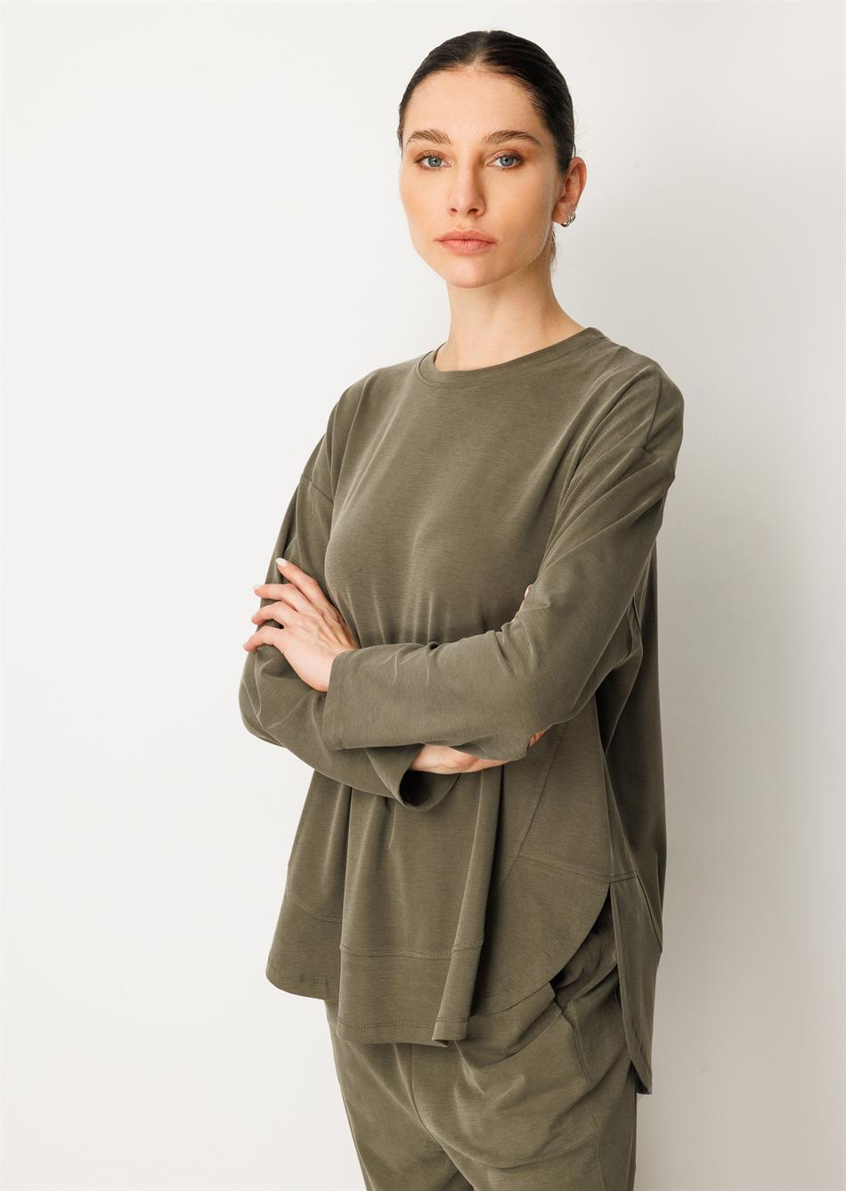 Örme Soft Modal Özel Dikilş Detaylı Pantolonu Tunik Kombin Takım-Haki