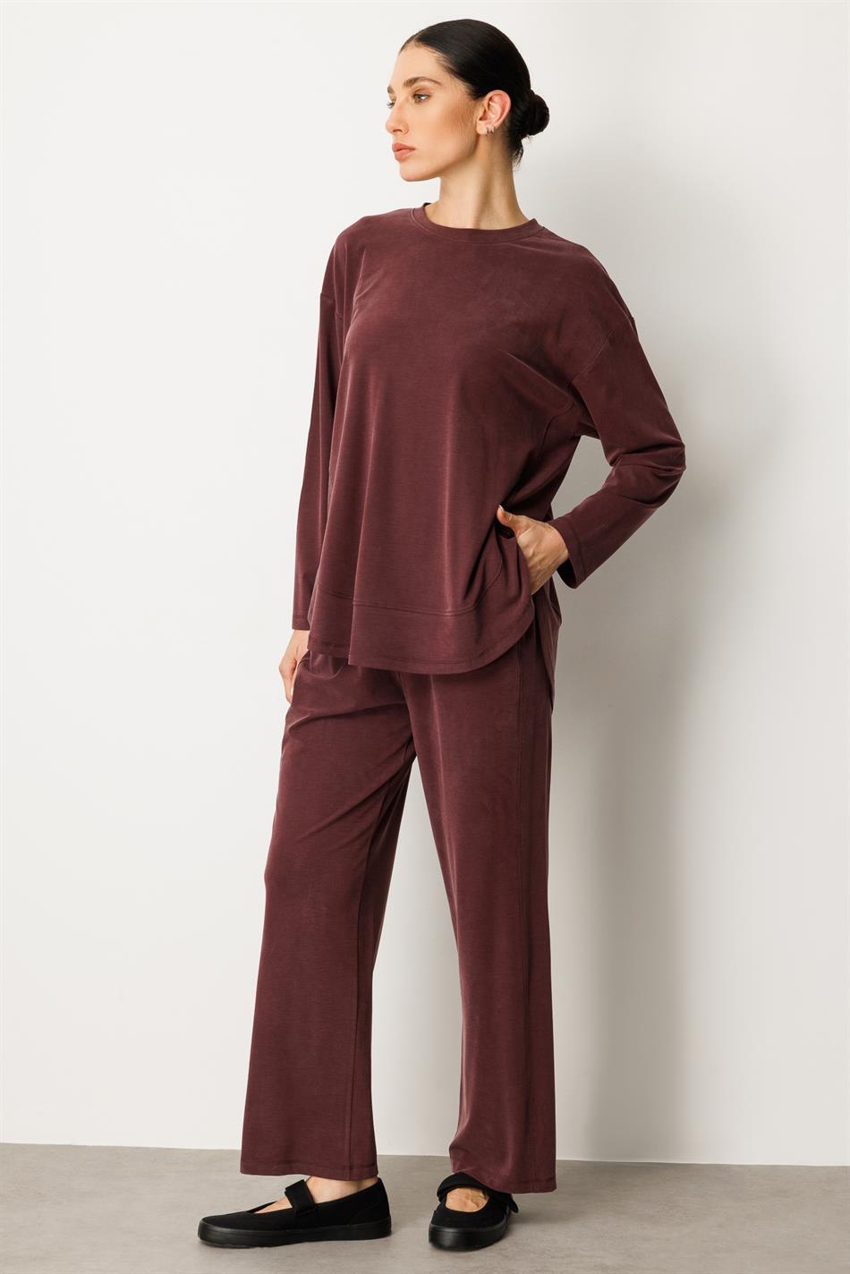 Örme Soft Modal Özel Dikilş Detaylı Pantolonu Tunik Kombin Takım-Bordo