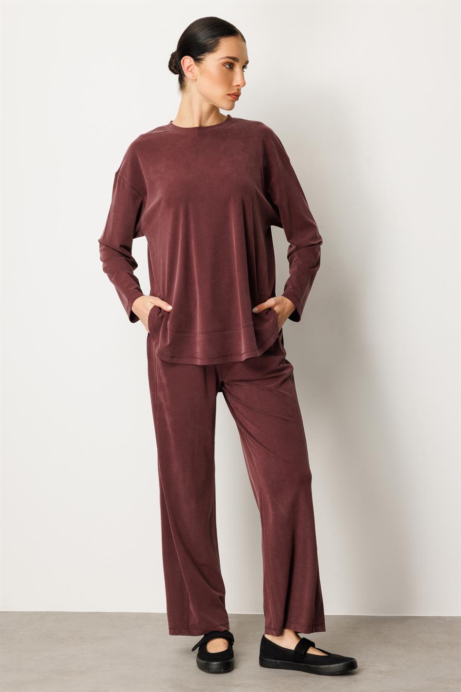 Örme Soft Modal Özel Dikilş Detaylı Pantolonu Tunik Kombin Takım-Bordo