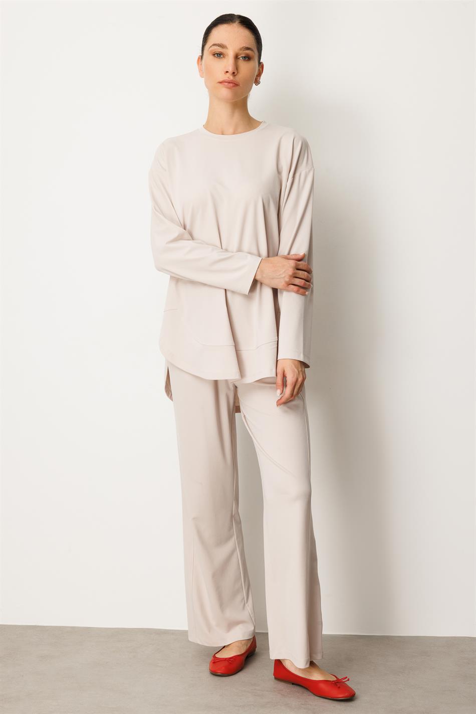Örme Soft Modal Özel Dikilş Detaylı Pantolonu Tunik Kombin Takım-Taş