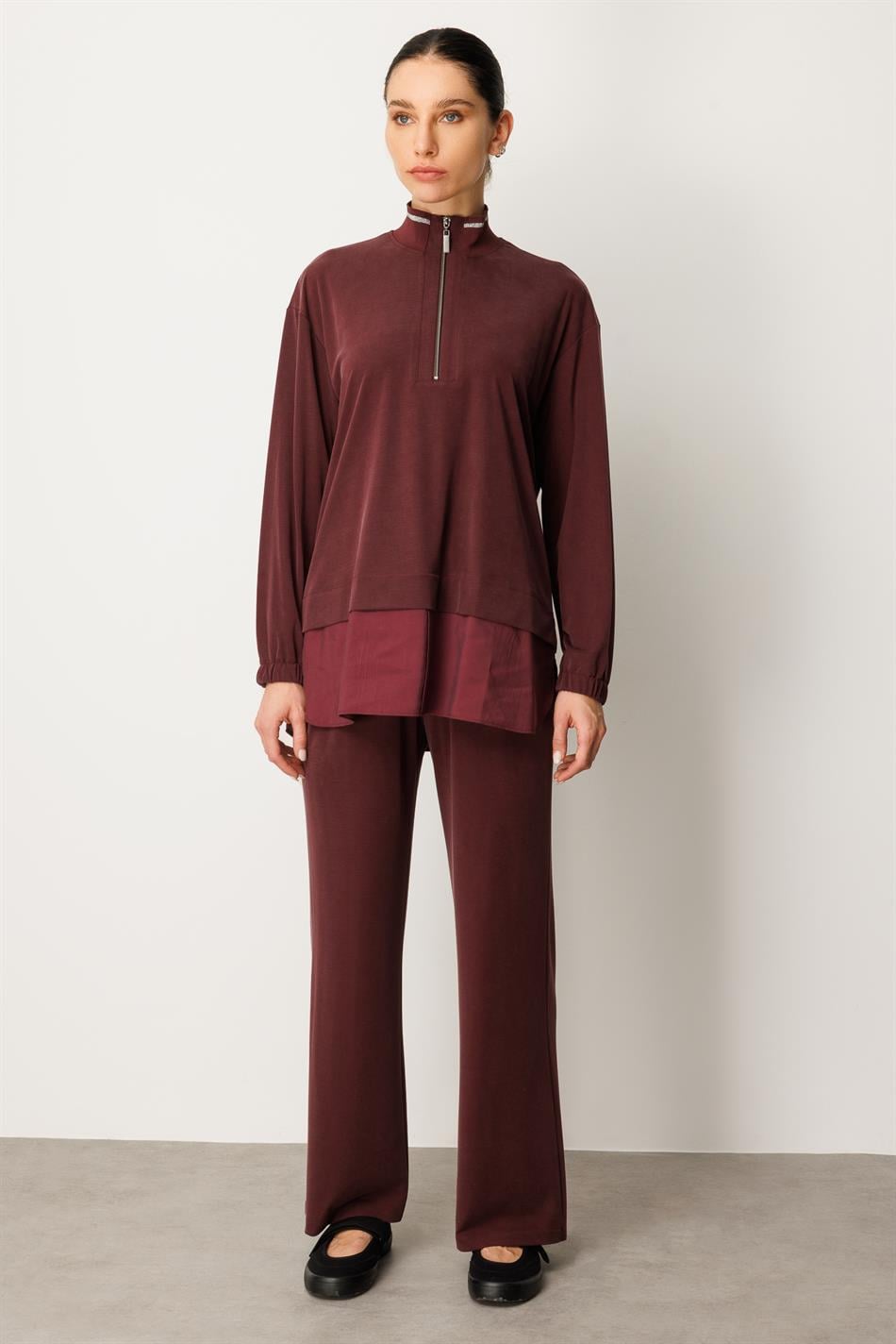 Örme Soft Modal ve Modal Ribana Yaka Pantolonlu Basen Örten Tunik Kombin Takım-Bordo