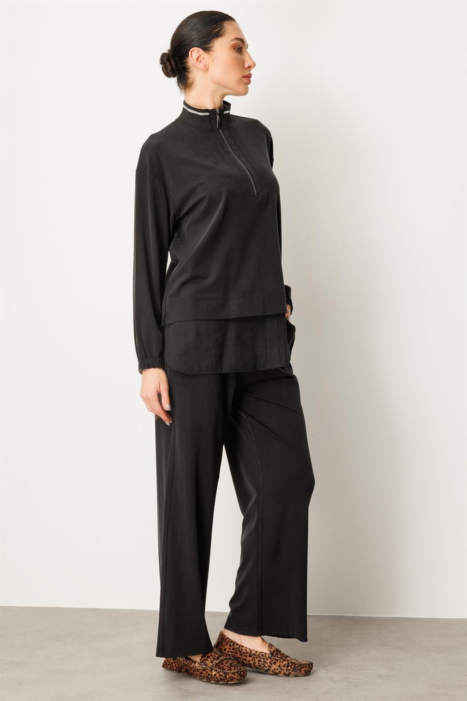 Örme Soft Modal ve Modal Ribana Yaka Pantolonlu Basen Örten Tunik Kombin Takım-Siyah