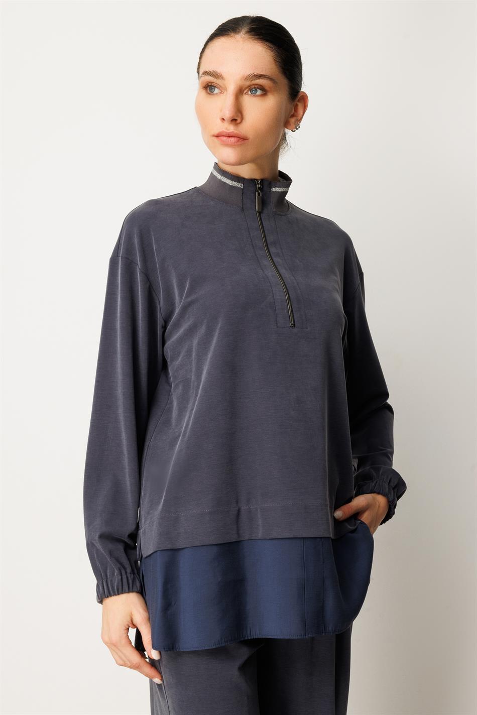 Örme Soft Modal ve Modal Ribana Yaka Pantolonlu Basen Örten Tunik Kombin Takım-Laci