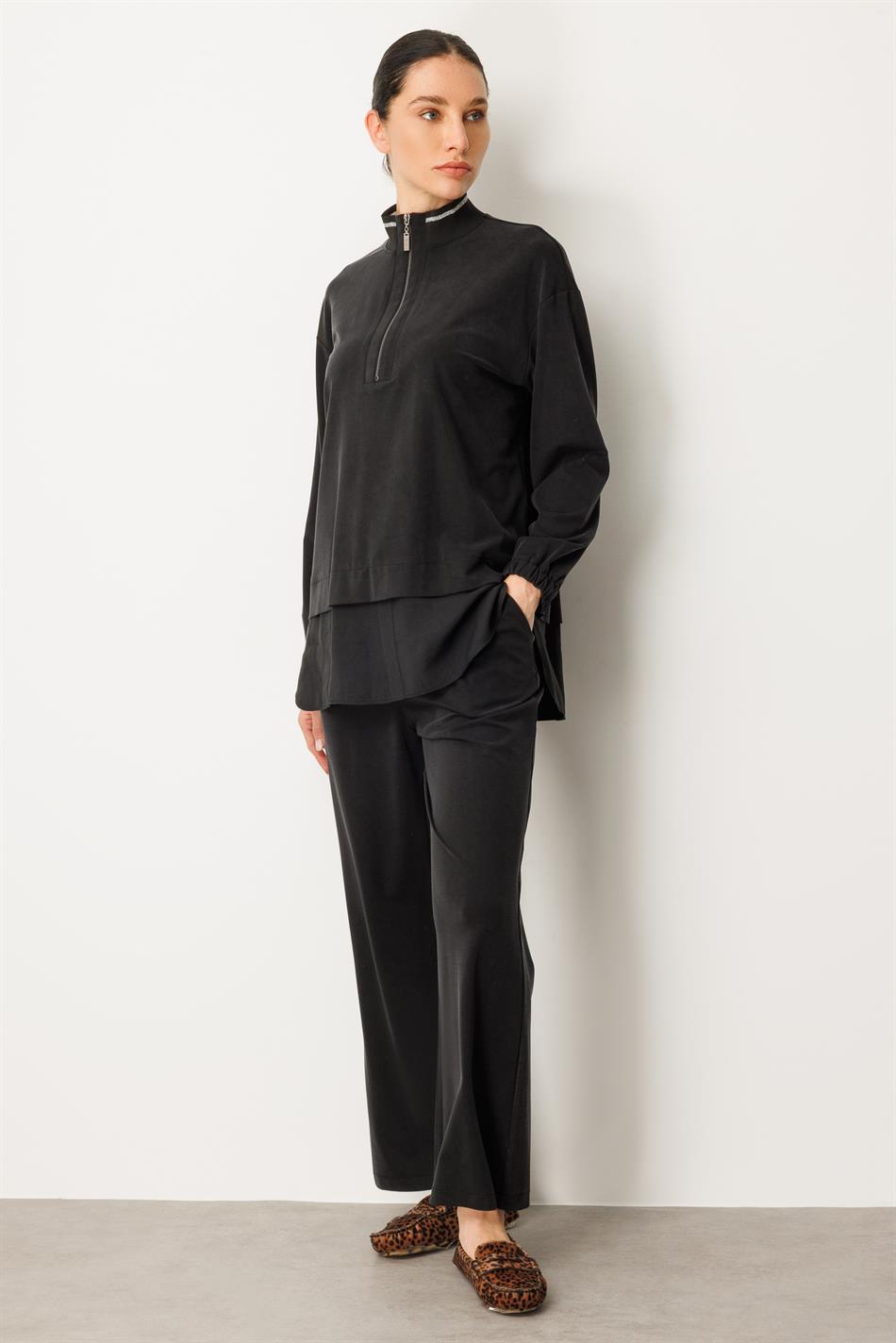 Örme Soft Modal ve Modal Ribana Yaka Pantolonlu Basen Örten Tunik Kombin Takım-Siyah