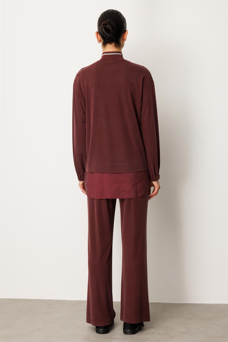 Örme Soft Modal ve Modal Ribana Yaka Pantolonlu Basen Örten Tunik Kombin Takım-Bordo