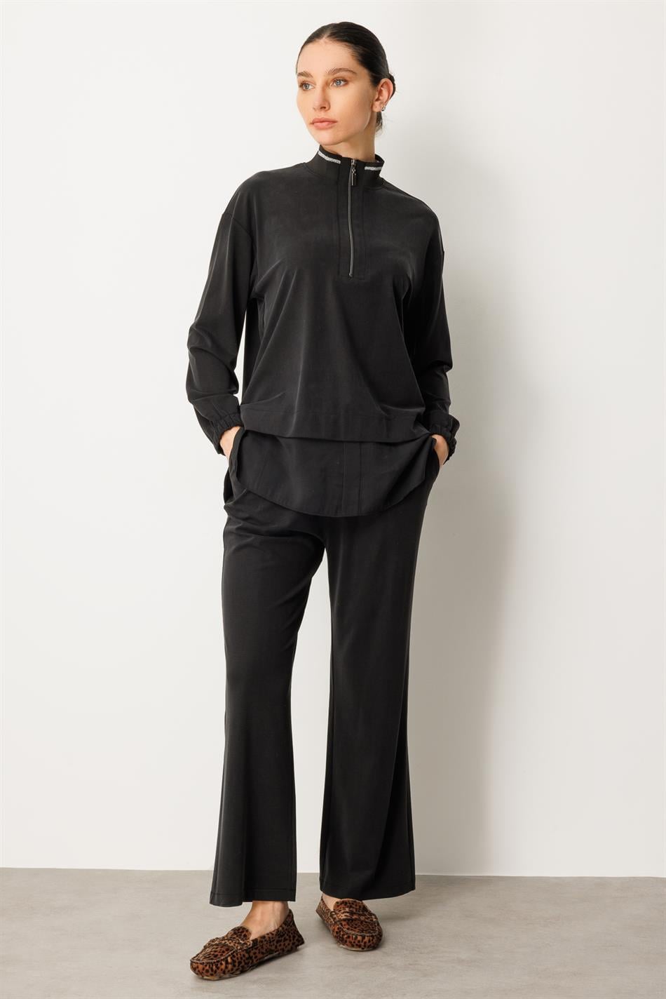 Örme Soft Modal ve Modal Ribana Yaka Pantolonlu Basen Örten Tunik Kombin Takım-Siyah