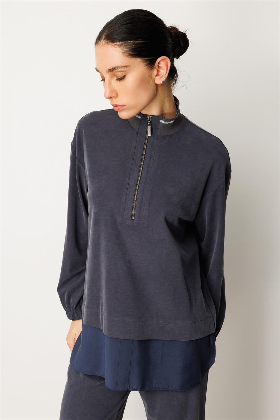 Örme Soft Modal ve Modal Ribana Yaka Pantolonlu Basen Örten Tunik Kombin Takım-Laci