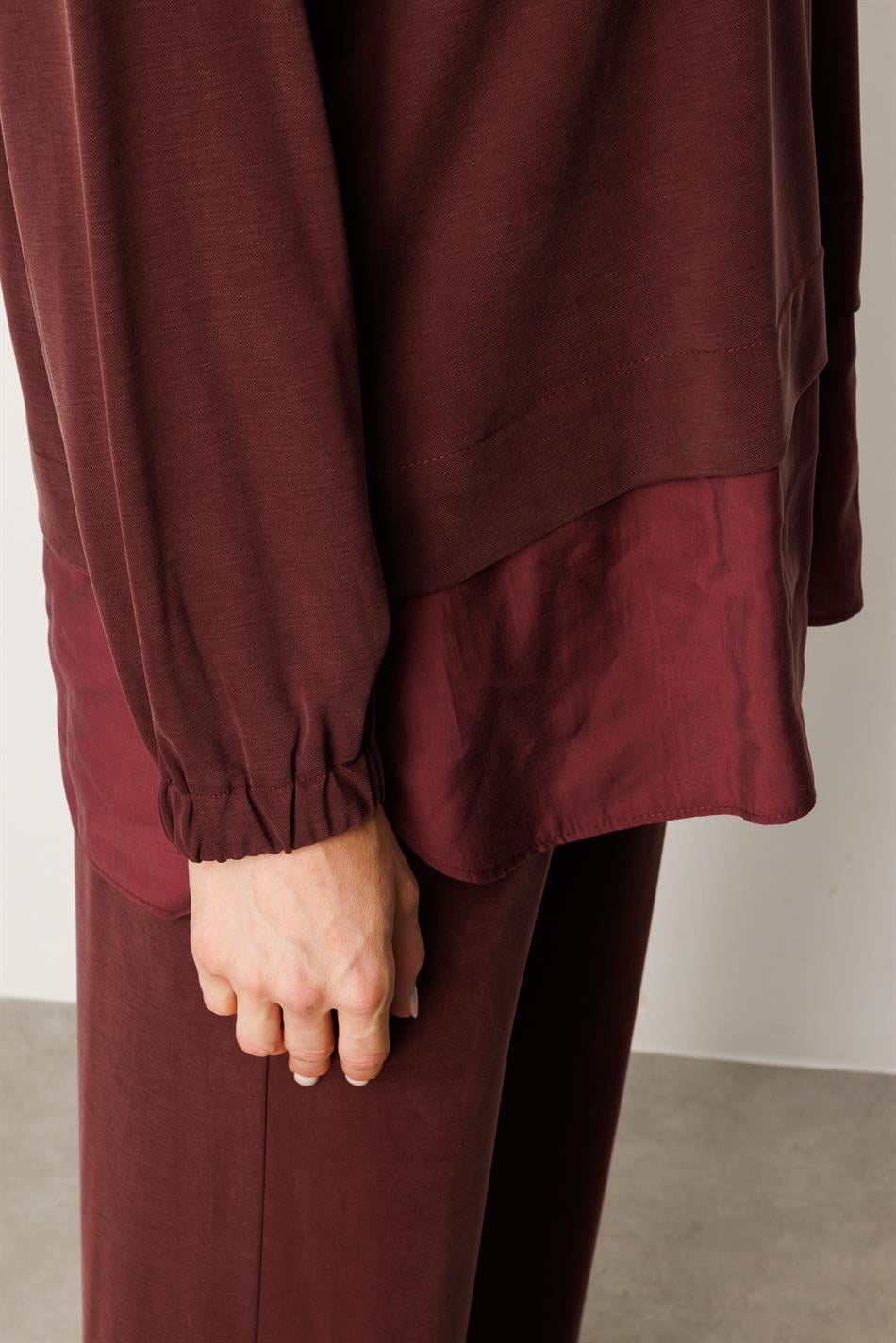 Örme Soft Modal ve Modal Ribana Yaka Pantolonlu Basen Örten Tunik Kombin Takım-Bordo