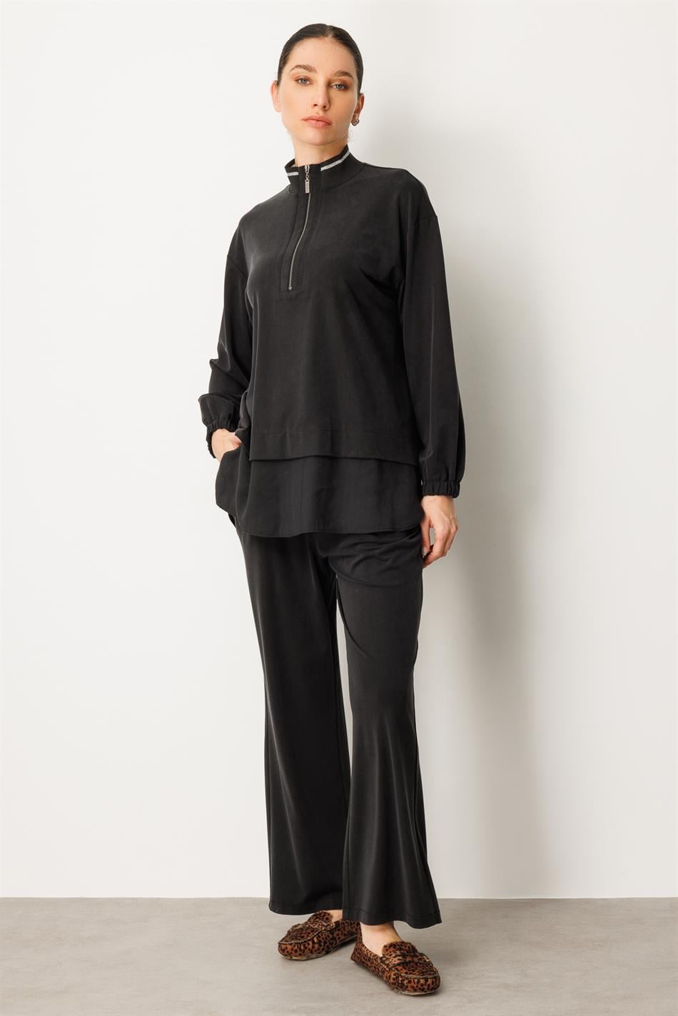 Örme Soft Modal ve Modal Ribana Yaka Pantolonlu Basen Örten Tunik Kombin Takım-Siyah