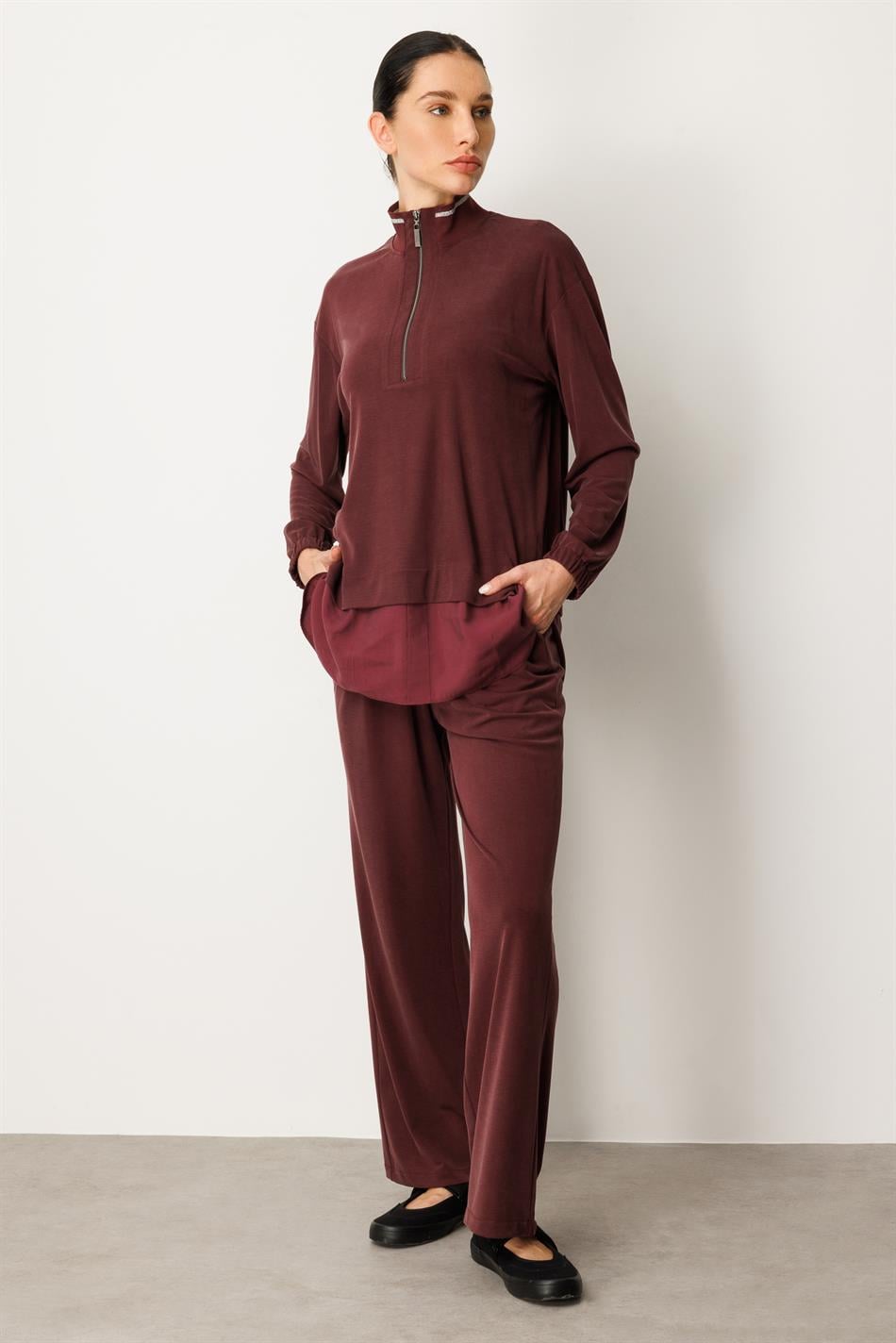 Örme Soft Modal ve Modal Ribana Yaka Pantolonlu Basen Örten Tunik Kombin Takım-Bordo