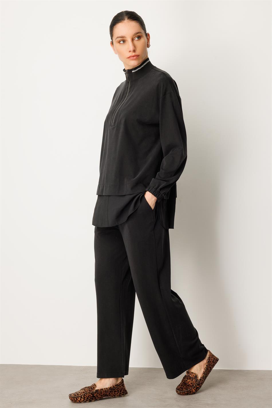 Örme Soft Modal ve Modal Ribana Yaka Pantolonlu Basen Örten Tunik Kombin Takım-Siyah