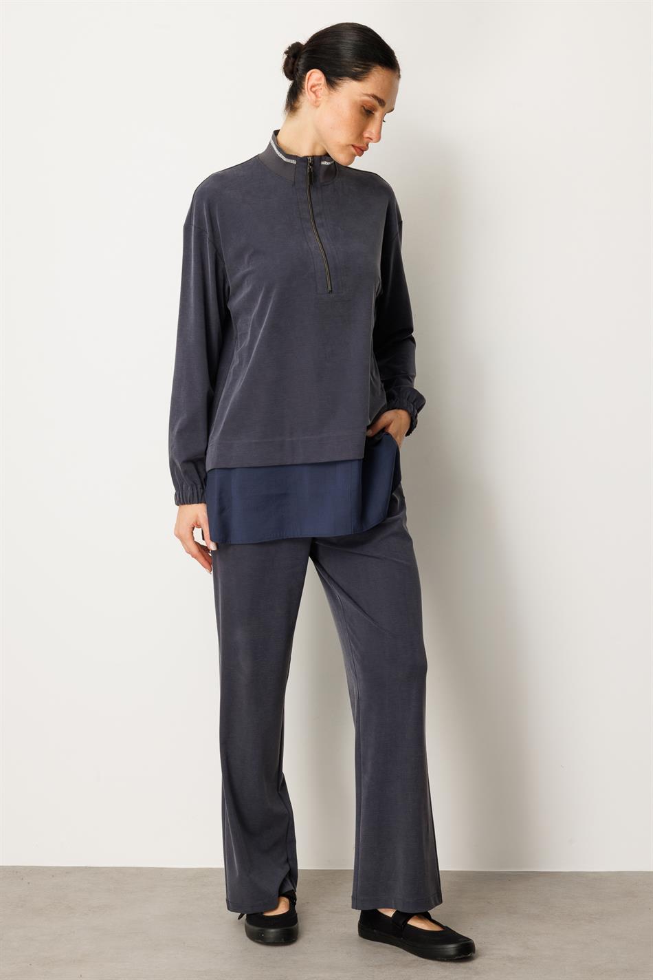 Örme Soft Modal ve Modal Ribana Yaka Pantolonlu Basen Örten Tunik Kombin Takım-Laci