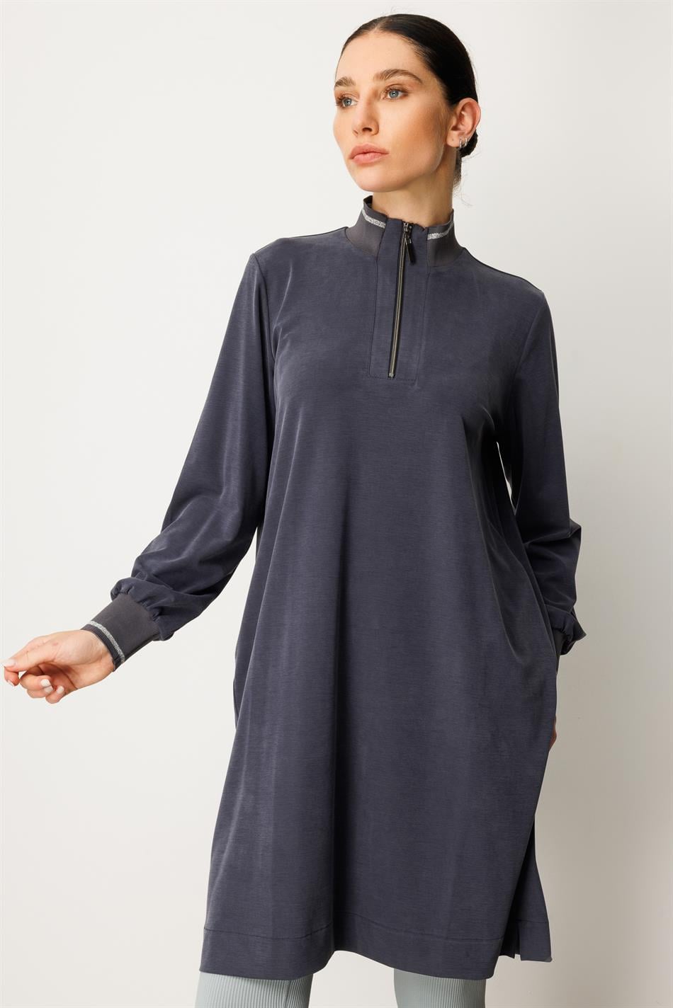 Qabırğalı qollar və yaxalıqlı, yumşaq modal idman üslublu orta uzunluqlu tunika - Tünd göy