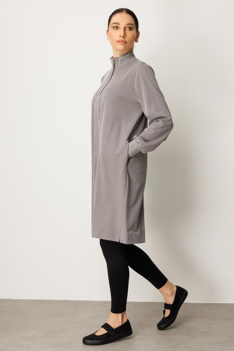 Örme Softy Modal  Kol ve Yaka Ribanalı  Spor Araboy Kap Tunik-Gri